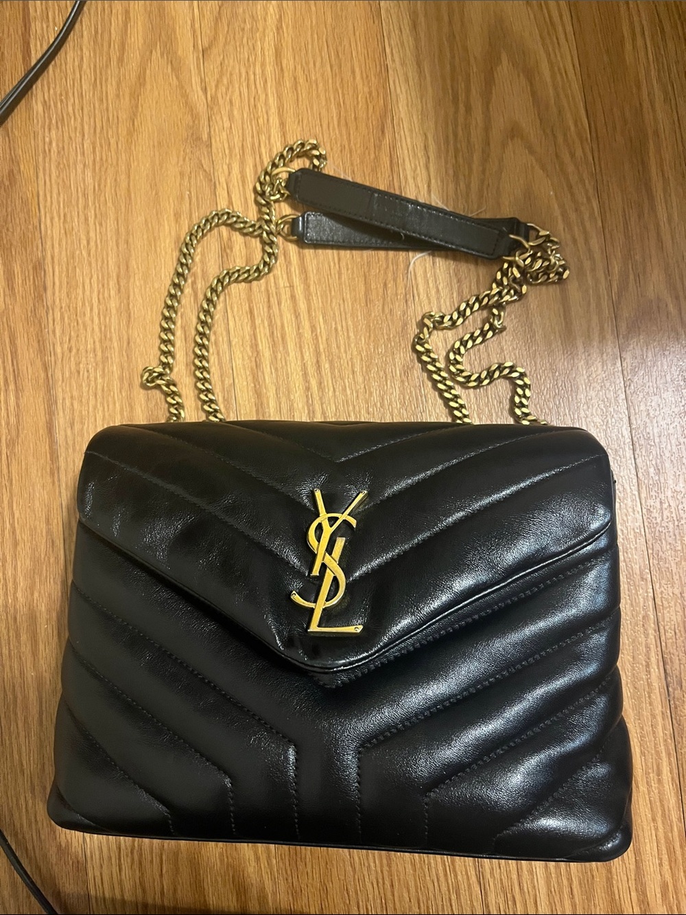 Saint Laurent Black Chevron Quilted Shoulder Bag with Gold Chain